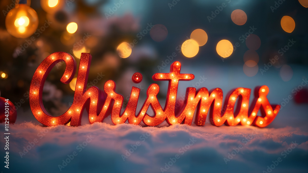 Glittering Christmas Text Set in an Enchanting Scene Against a Dreamy Blurred Background of Twinkling Lights Glittering Christmas Text Set in an Enchanting Scene Against a Dreamy Blurred Background of Twinkling Lights