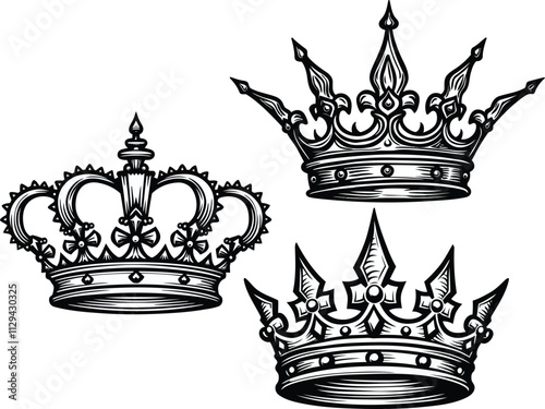  A set of hand drawn engraving style Crowns vector illustrations for print and packaging.