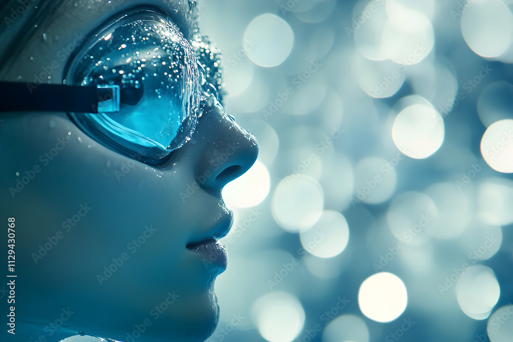 In a dreamy underwater world, a swimmer prepares for a race, bubbles surrounding her as determination fills her gaze under the shimmering blue lights of the pool In a dreamy underwater world, a swimmer prepares for a race, bubbles surrounding her as determination fills her gaze under the shimmering blue lights of the pool