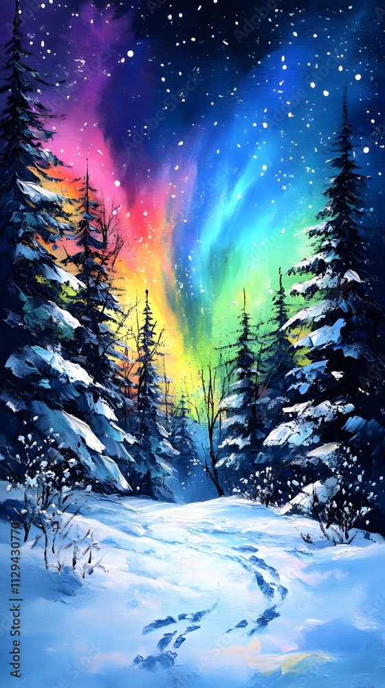Beautiful winter landscape with snow-covered trees and colorful northern lights in the sky Beautiful winter landscape with snow-covered trees and colorful northern lights in the sky
