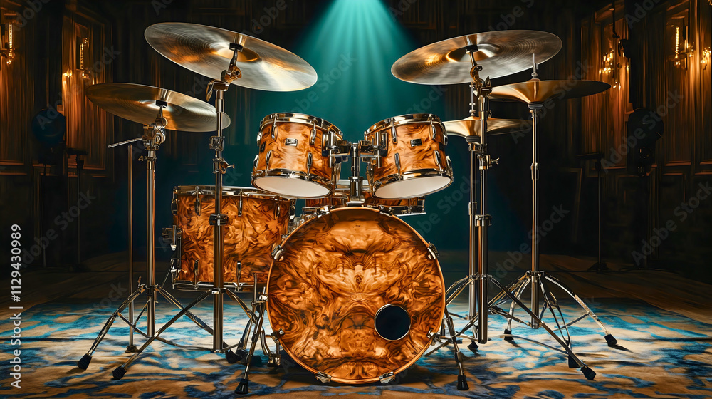 Fototapeta premium A beautifully detailed drum kit, with shiny cymbals and wooden drum shells, set up in a dimly lit studio with spotlighting, creating a dramatic and artistic atmosphere. 