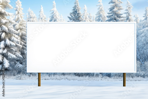 blank Billboard standing on a snowy street amidst tall trees under a clear blue sky in winter