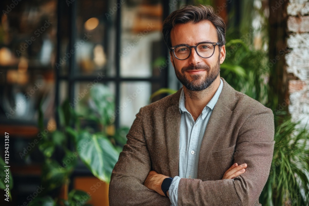 Portrait of a smiling businessman with crossed arms, exuding confidence and professionalism in a modern office environment Portrait of a smiling businessman with crossed arms, exuding confidence and professionalism in a modern office environment
