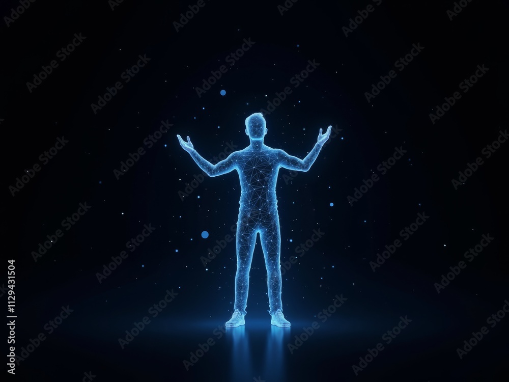 hologram illustration of a businessman stretching his arms. hologram illustration of a businessman stretching his arms.