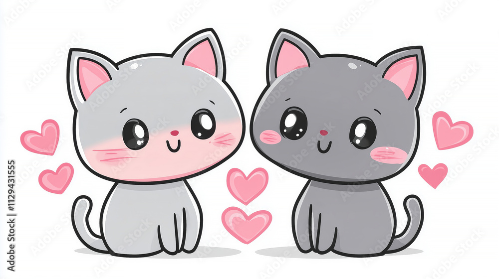 Cute cartoon cats with hearts - adorable gray kittens with pink cheeks and ears Cute cartoon cats with hearts - adorable gray kittens with pink cheeks and ears