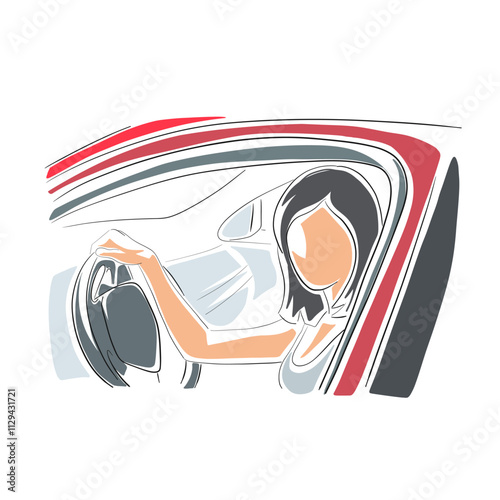 Woman sitting in the driver's seat of a car, buying a new car. Car auction. Isolated line art vector illustration