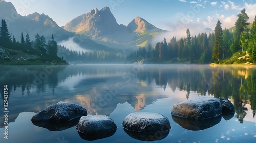 Awesome nature landscape Beautiful scene with high Tatra mountain peaks stones in mountain lake photo