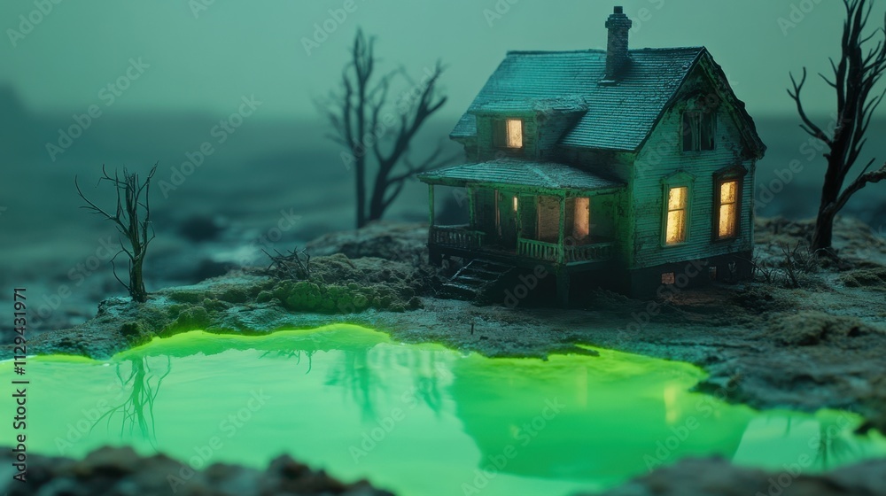 Fototapeta premium An abandoned house stands eerily illuminated at dusk, surrounded by a glowing green pond and sparse, dead trees, creating a haunting atmosphere. Generative AI