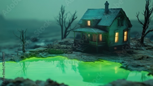 An abandoned house stands eerily illuminated at dusk, surrounded by a glowing green pond and sparse, dead trees, creating a haunting atmosphere. Generative AI photo