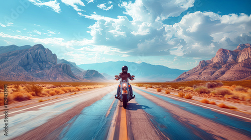 Lone motorcyclist on desert highway with majestic mountain backdrop