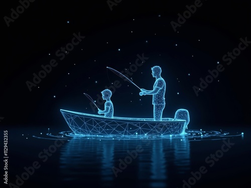 hologram illustration of a father fishing on a boat with his son.