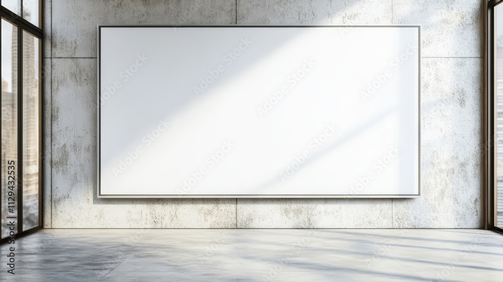Large blank canvas on concrete wall in modern interior. Large blank canvas on concrete wall in modern interior.