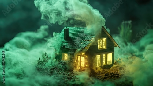 A small model house emits a warm glow from its windows while surrounded by swirling green smoke, creating an eerie and captivating nighttime setting. Generative AI photo