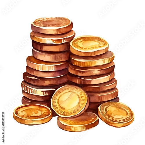 Watercolor painting depicting stacks of gold coins for hanukkah celebration photo