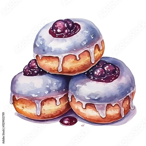 Delicious hanukkah sufganiyot with berry glaze and powdered sugar photo