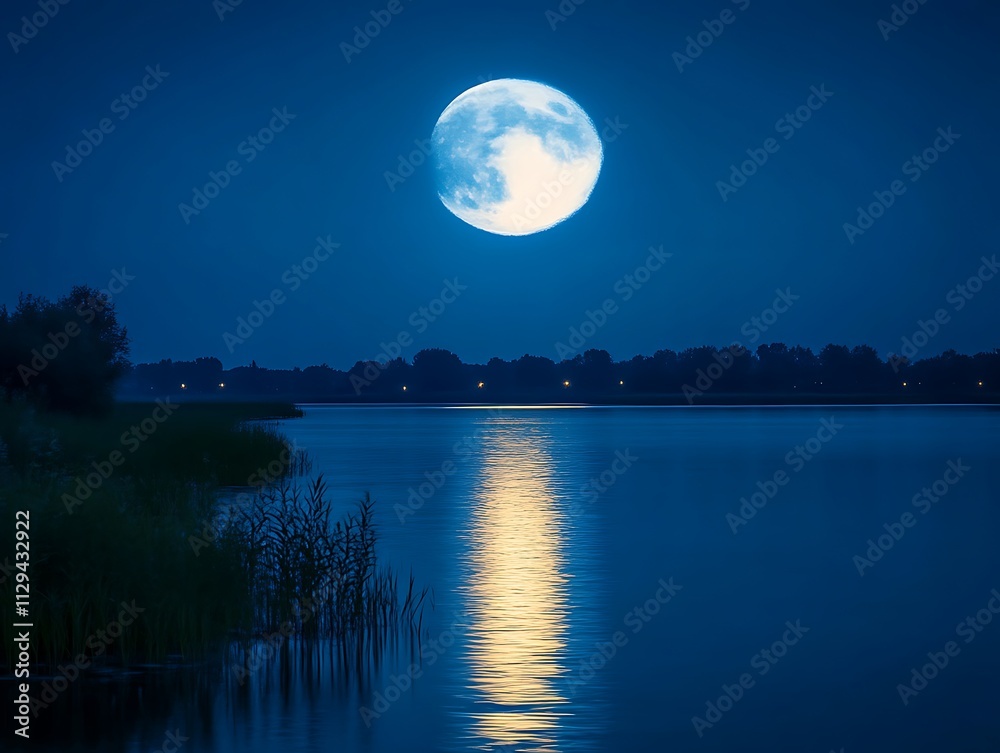 Full Moon Over Calm Lake Night Scene Full Moon Over Calm Lake Night Scene