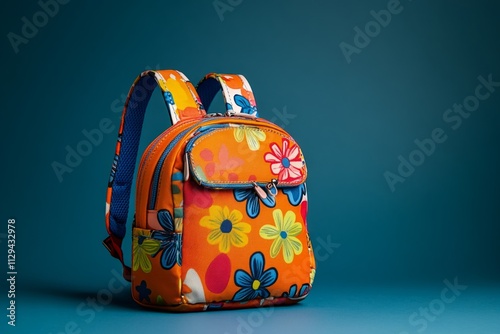 Studio shot of a vibrant, floral backpack set against a blue backdrop, ready for the academic year