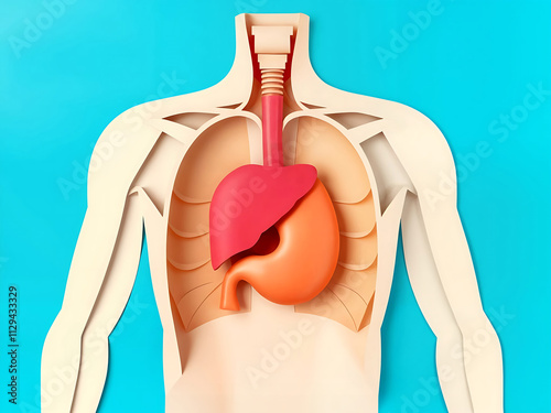 schéma du foie et de l'estomac, anatomie humaine coloré isolé avec espace vide pour du texte