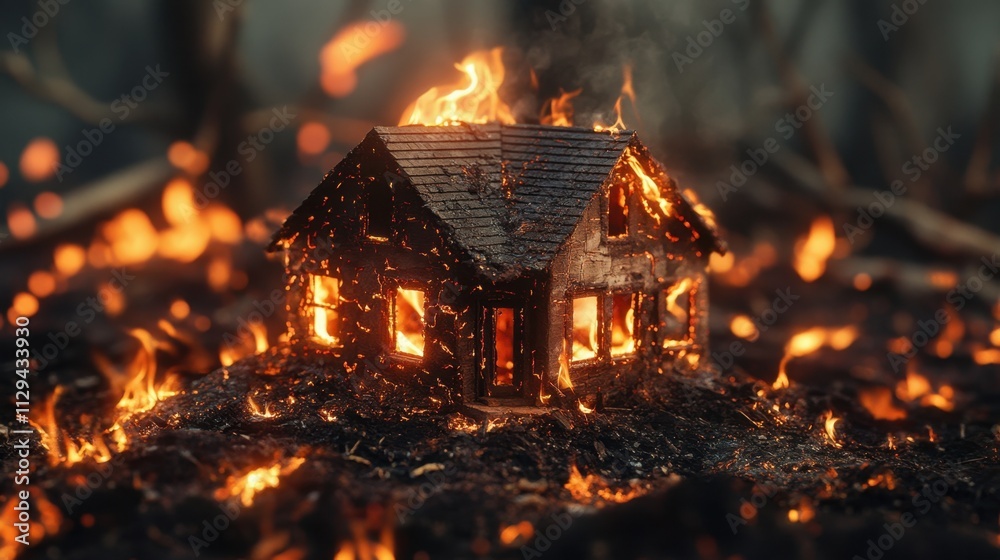 Flames consume a wooden house surrounded by charred earth as a forest fire rages nearby, creating an intense and tragic scene at dusk. Generative AI