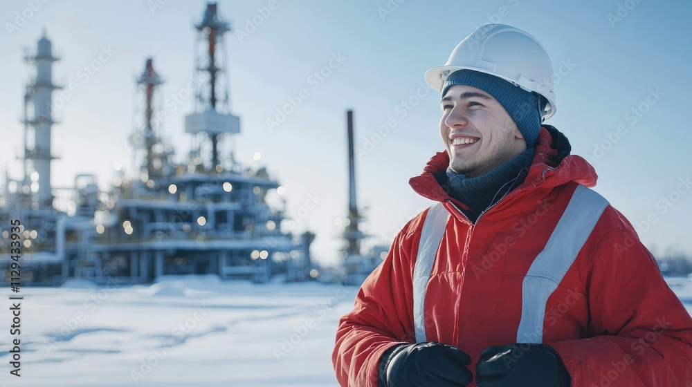Obraz premium Smiling worker in protective gear at a snowy oil and gas facility.