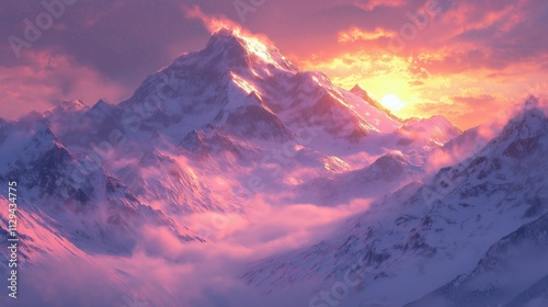 Majestic snow-capped mountain peak at sunset, bathed in vibrant pink and orange hues, with clouds swirling below.