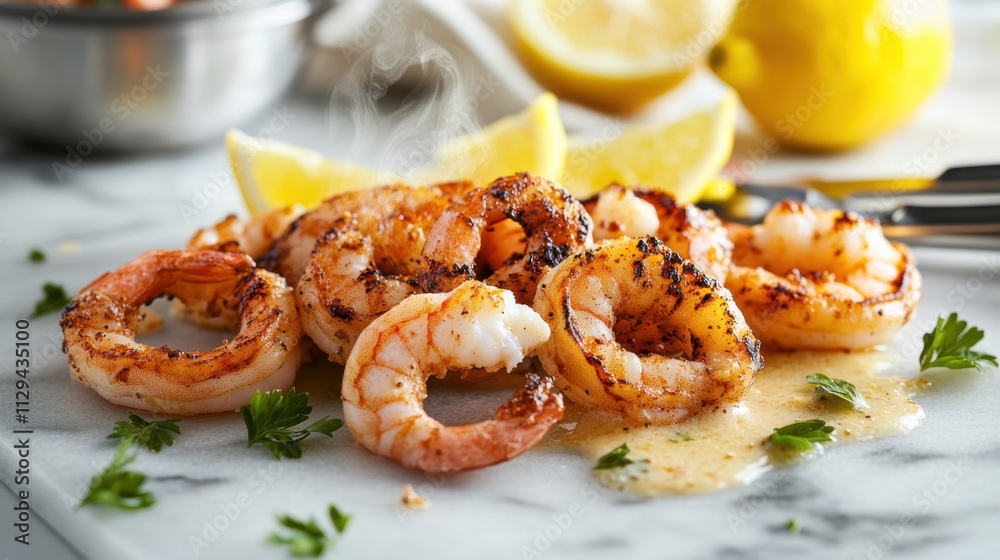 Succulent grilled shrimp sits on a marble surface, complemented by fresh lemon wedges and green herbs, creating a delightful summer dish ready for enjoyment. Generative AI Succulent grilled shrimp sits on a marble surface, complemented by fresh lemon wedges and green herbs, creating a delightful summer dish ready for enjoyment. Generative AI