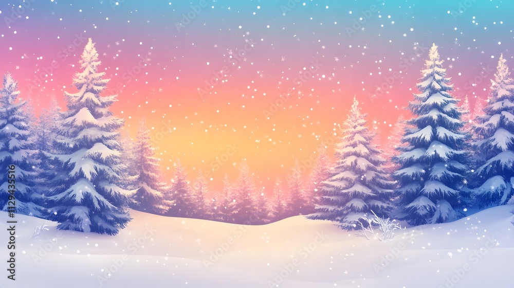 Beautiful winter landscape with snow-covered trees and colorful northern lights in the sky Beautiful winter landscape with snow-covered trees and colorful northern lights in the sky