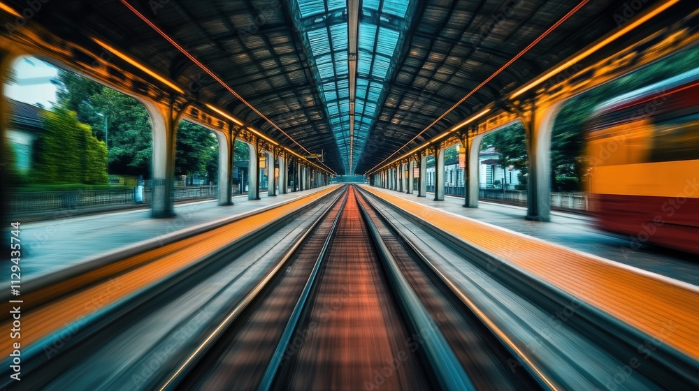 A train speeds toward a well-designed station illuminated by warm lights, showcasing a stunning glass roof and empty platforms during twilight. Generative AI A train speeds toward a well-designed station illuminated by warm lights, showcasing a stunning glass roof and empty platforms during twilight. Generative AI