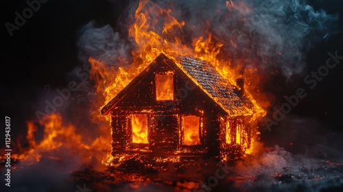 A wooden house is completely consumed by fire, flames reaching high into the air, with dense smoke filling the dark sky around it. Generative AI