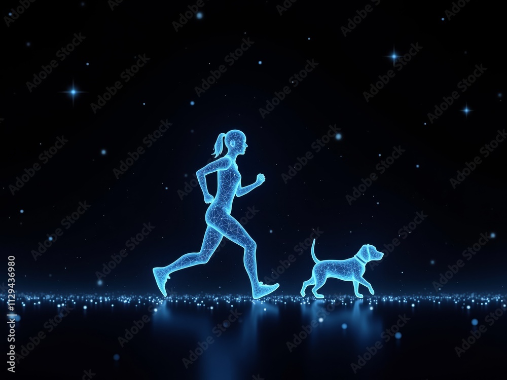 Advanced hologram of a person playing with a dog on a dark background Advanced hologram of a person playing with a dog on a dark background