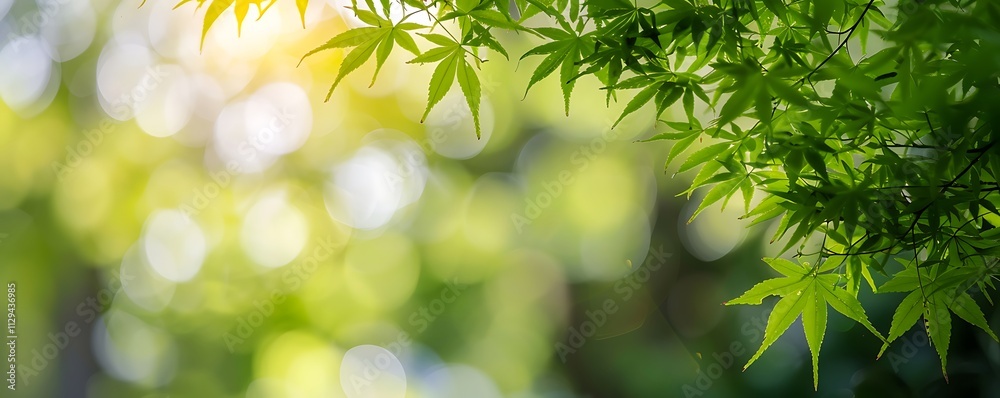 green leaves branch in spring summer, blurred bokeh nature background, sunlight and fresh air, Japanese maple trees, copy space for design, springtime season concept, atmosphere of tranquility green leaves branch in spring summer, blurred bokeh nature background, sunlight and fresh air, Japanese maple trees, copy space for design, springtime season concept, atmosphere of tranquility