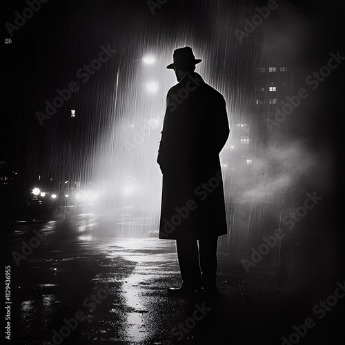 A 1940s detective noir scene with a mysterious man in a trench coat