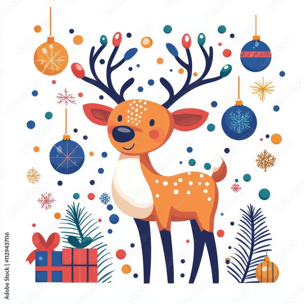 Naklejka premium Cute cartoon reindeer with festive decorations.