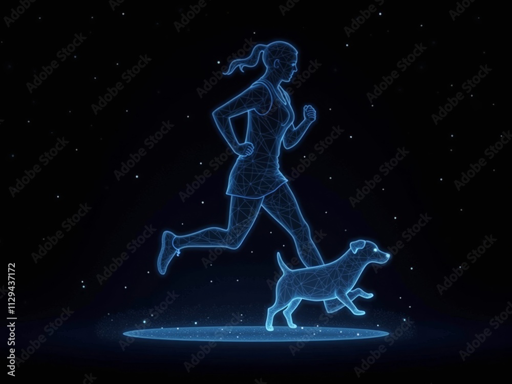 Advanced hologram of a person playing with a dog on a dark background Advanced hologram of a person playing with a dog on a dark background