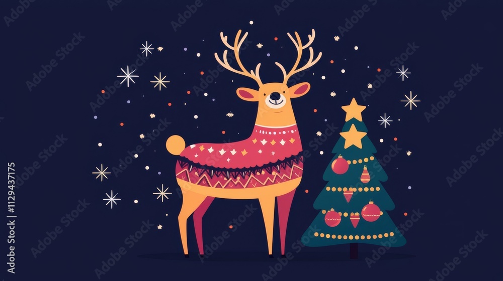 A festive deer next to a decorated Christmas tree. A festive deer next to a decorated Christmas tree.