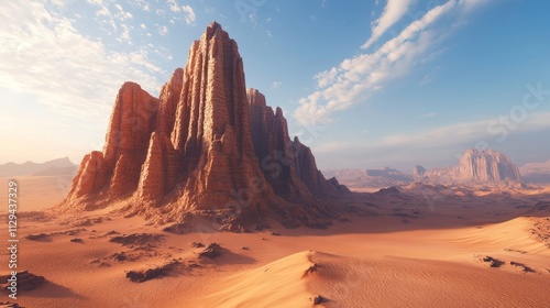 Fototapeta Naklejka Na Ścianę i Meble -  A vast desert stretches beneath a brilliant sky, with a majestic mountain looming in the distance, casting shadows over the endless sandy dunes.