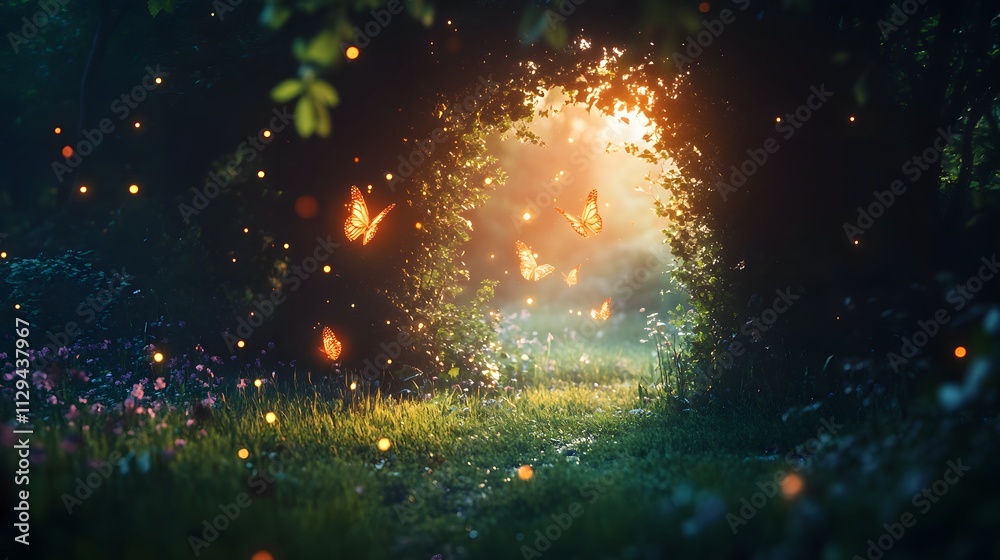 A shimmering portal opening in a serene meadow with glowing butterflies emerging. A shimmering portal opening in a serene meadow with glowing butterflies emerging.