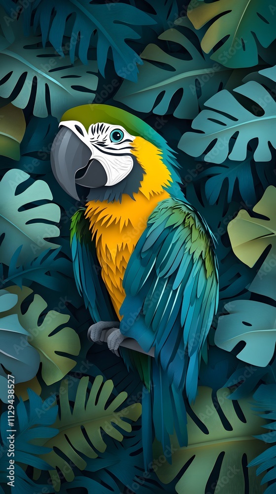 Obraz premium Macaw with Flowers, Formed With Paper Cut Art, Abstract Image, Texture, Pattern Background, Wallpaper, Cover and Screen of Smartphone, PC, Laptop, 9:16 and 16:9 Format