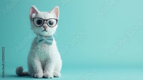 A stylish portrait of a plush cat with glasses and a bowtie sitting against a pastel blue background. photo