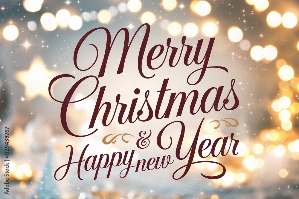 Elegant Merry Christmas and Happy New Year text on a soft, glowing background lights Elegant Merry Christmas and Happy New Year text on a soft, glowing background lights