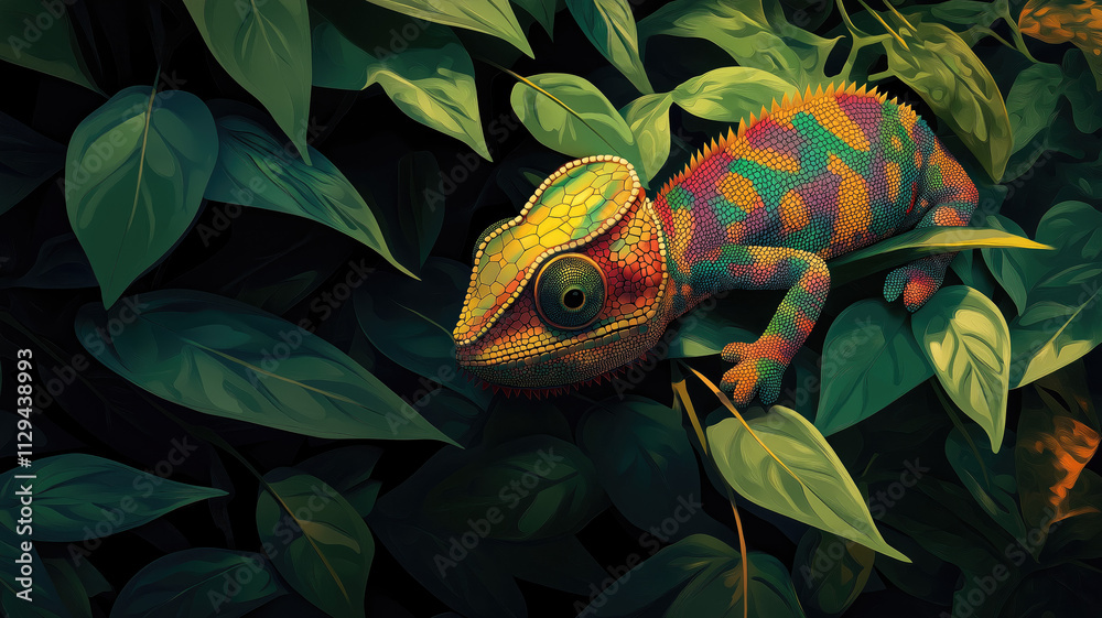 Colorful chameleon camouflaged among green leaves. Generative AI image Colorful chameleon camouflaged among green leaves. Generative AI image