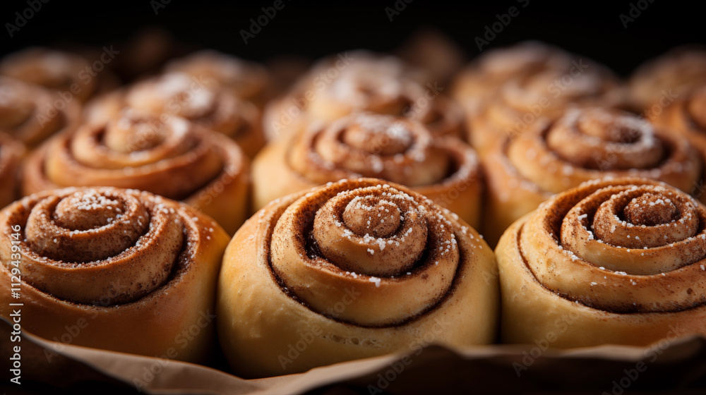 Fototapeta premium Fresh cinnamon rolls cinnabons. Baking bright wallpaper