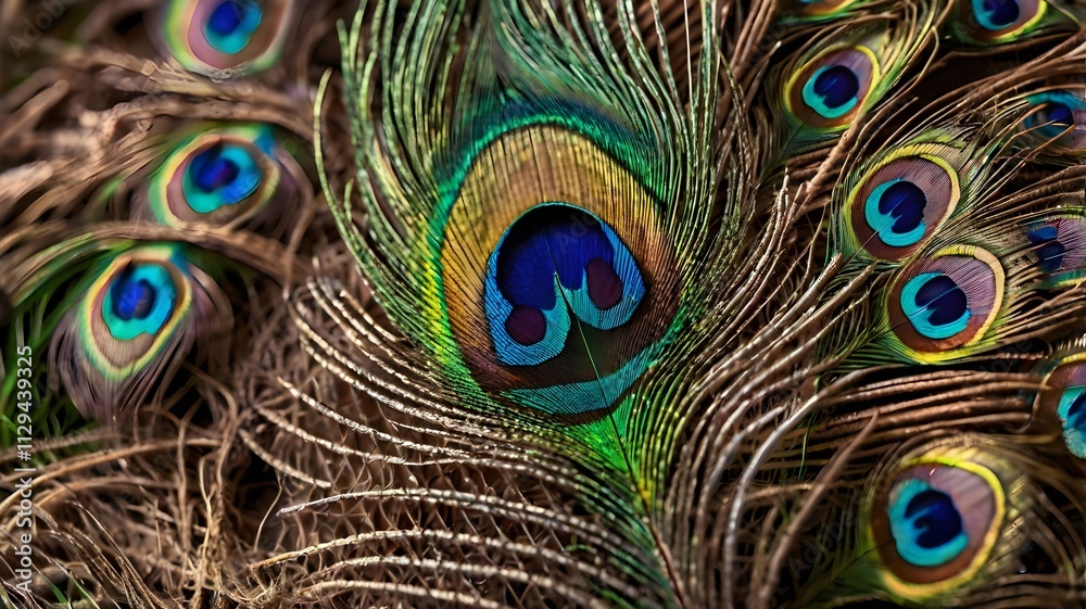 Obraz premium vibrant peacock feather showcases mesmerizing swirl of colors and intricate patterns,