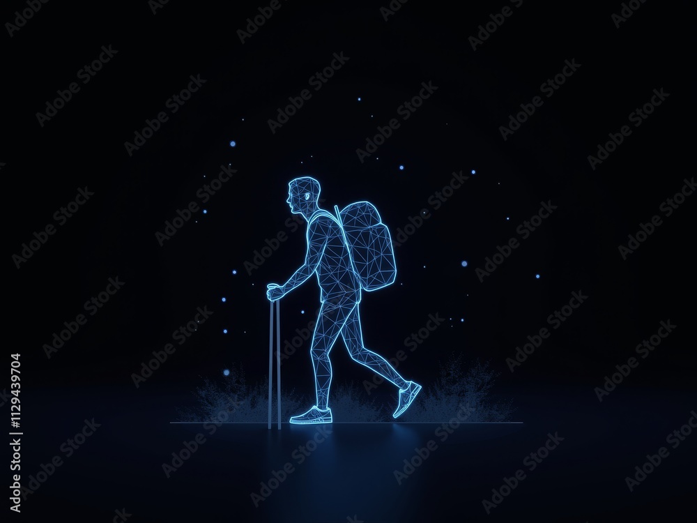 Fototapeta premium Advanced hologram of mountain climber wearing backpack.