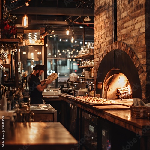 Chef tossing dough in a traditional pizza shop photo