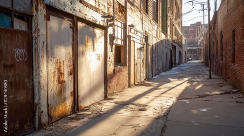 A forgotten commercial area with peeling facades and rusted metal doors, set in the shadow futuristic buildings that cast long shadows on the cracked sidewalks. photo