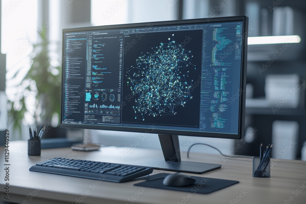Modern workstation for AI development, single ultrawide monitor with complex data visualizations Modern workstation for AI development, single ultrawide monitor with complex data visualizations