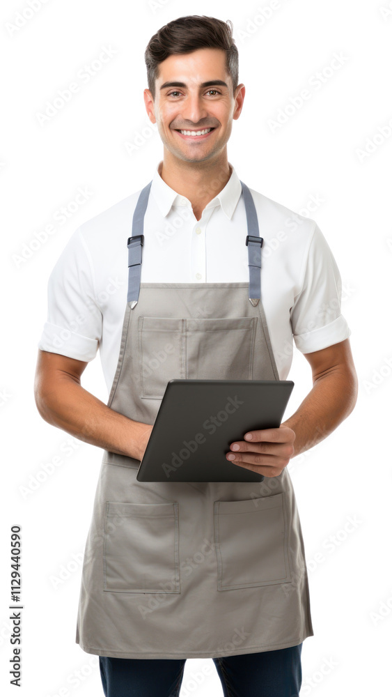PNG Man holding a digital tablet computer adult apron. PNG Man holding a digital tablet computer adult apron.