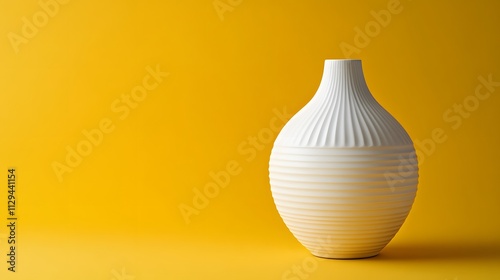 A white ceramic vase with minimalist grooves on a mustard yellow background.