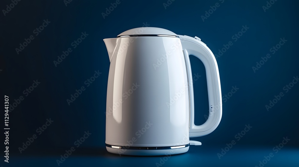 A white electric kettle with a glossy finish displayed on a rich navy background.